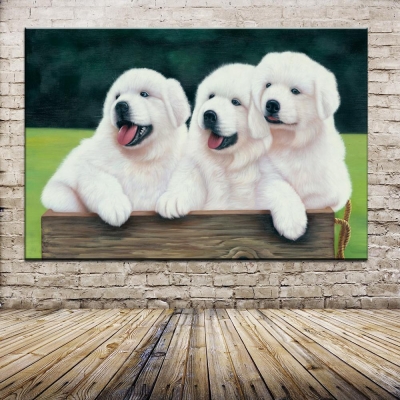 print oil painting cotton prints+little hand-painted wall art lovely white dogs at the chair swings in back garden