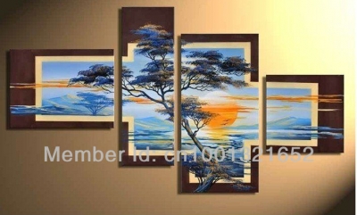 whole hand-painted hi-q modern home decorative landscape trees oil painting on canvas mountain forest sunset 4pcs/set framed