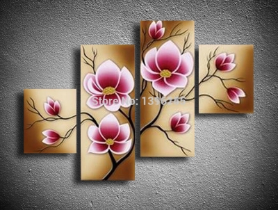 hand painted 4 pcs/set pink modern decorative oil painting on canvas wall art flower picture for living room as unique gift