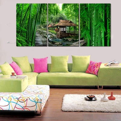 2016 new high precision print canvas set of 3 landscape green bamboo forest canvas printed ready to hang delivery