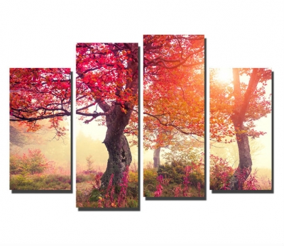 4 panel canvas painting canvas pictures for the wall red tree full lucky in leaves life home decoration canvas prints f/1065