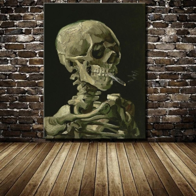 hand made reproduction skull with burning cigarette by vincent van gogh abstract oil painting on canvas wall art for home decor