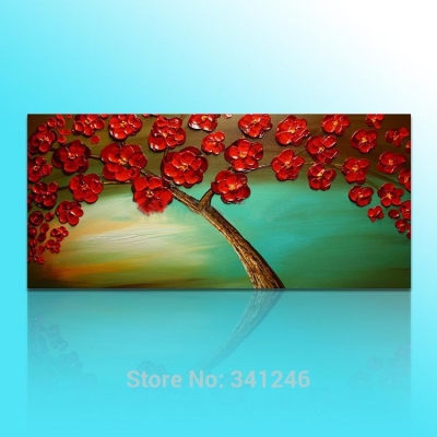 hand-painted big size modern wall art decor living room hall red rose flower tree on green palette knife oil painting on canvas