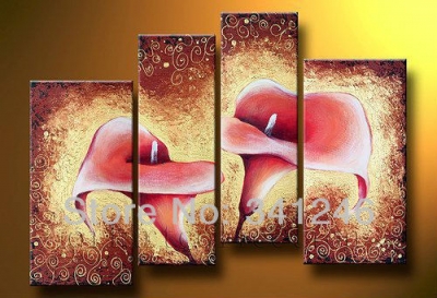 hand-painted hi-q modern wall art home decorative abstract flower oil painting on canvas roseate calla lily -4pcs/set framed