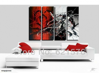 hand-painted hi-q modern wall art home decorative abstract group oil painting on canvas white red scrawl line rendering 4pcs/set