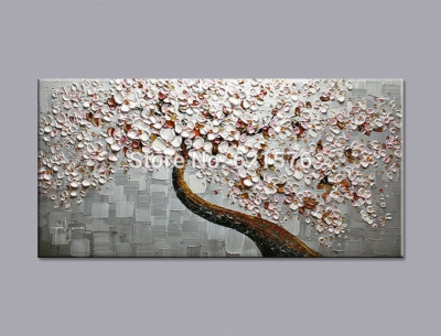 hand-painted modern gray pink cherry blossom tree wall art picture home decor abstract palette flower oil painting on canvas art