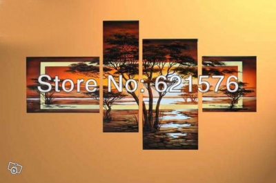 hand-painted modern hanging wall art picture home decor brown landscape tree forest in the sunset oil painting on canvas 4p/set