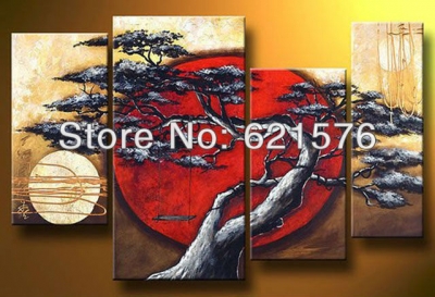 hand-painted modern wall art picture home decor landscape tree the sun and the moon together oil painting on canvas framed