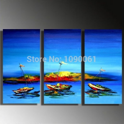 handmade modern abstract blue seascape oil paintings of sailboats 3 panel canvas decorative wall hanging art picture no framed