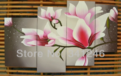 wall art hand-painted hi-q home decorative flower oil painting on canvas blooming light pink mangnolia flower- 4pcs/set framed