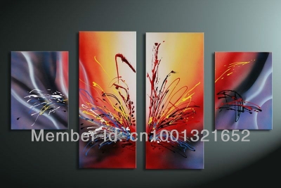 whole hand-painted hi-q modern wall art home decorative abstract oil painting on canvas splashed color line 4pcs/set framed