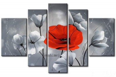 hand painted red flowers oil painting on canvas 5pcs/set mixorde modern paint art living room/office decor grey pictuers