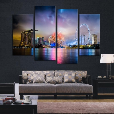 2015 sell 4 panel colorful city night large hd picture modern home wall decor canvas print painting for house decorate