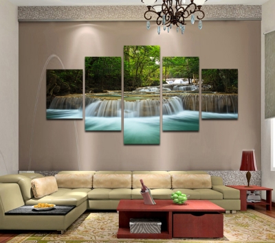 5 panels huge hd beautiful green waterfall top-rated canvas print for living room wall art picture painting artwork unframed