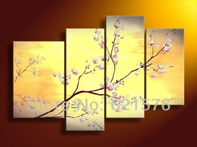 hand-painted hi-q modern hanging wall art home decorative flower oil painting on canvas plum flower yellow light 4pcs/set framed