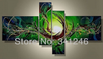 hand-painted hi-q modern wall art home decorative abstract oil painting on canvas green light dance scrawl line 4pcs/set framed