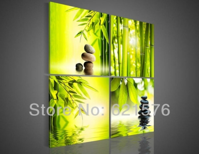 hand-painted hi-q wall art home decor realistic flower oil painting on canvas bright green bamboo cobblestone om water 4pc/set