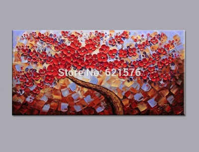 hand-painted modern home decor abstract red cherry blossom trees wall art picture thick palette knife oil painting on canvas art