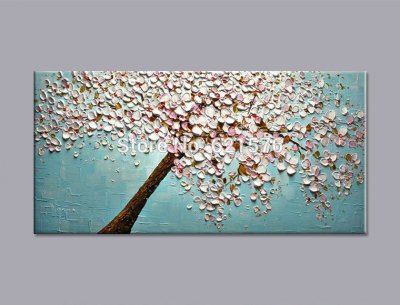 hand-painted modern home decor abstract wall art picture thick palette white pink cherry blossom tree oil painting on canvas art