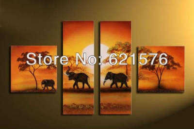 hand painted modern wall art picture home decor landscape animal oil paintings on canvas elephants to go home at dusk 4pcs/set