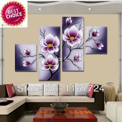 hand painted modern wall art picture living room home decor abstract purplish grey purple magnolia flower oil painting on canvas