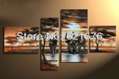 hand painted wall art picture home decor abstract animal oil painting on canvas the elephants drinking water by the lake 4p/set