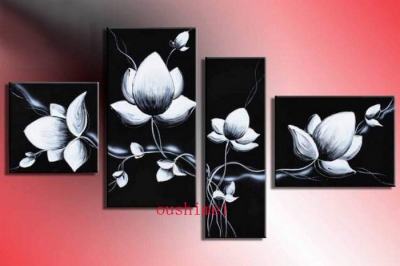 handmade black and white flowes pictures abstract landscape wall decor on wall oil painting on canvas 4pcs/set view craft art