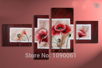 handmade red poppy flower and fruits painting canvas modern abstract 4 piece wall art oil picture home decoration set unframed
