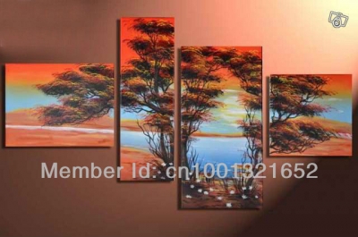 whole hand-painted hi-q modern wall art home decoration landscape oil painting on canvas the evening lake 4pcs/set framed