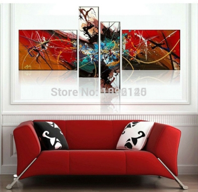 hand-painted 4 panel canvas art abstract paintings hang on wall living room decor oil picture behind the sofa