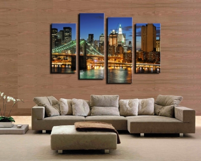 4 panel beautiful city night with bridge large hd picture modern home wall decor canvas print painting for decorate unframed