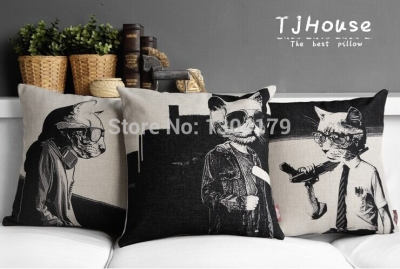 cute cartoon french bullcat paint, decorative cotton linen cushion cover throw cushion cover sofa pillow case home decor