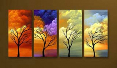 hand-painted abstract home decor wall art picture landscape colorful clouds tree group oil painting on canvas 4pcs/set framed