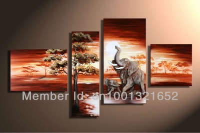 hand-painted hi-q modern home decor animals oil painting on canvas elephant drinking water at swales 4pcs/set framed