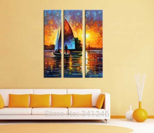 hand-painted modern hang wall art home decor hall paddling boats people palette knife landscape oil painting on canvas framed