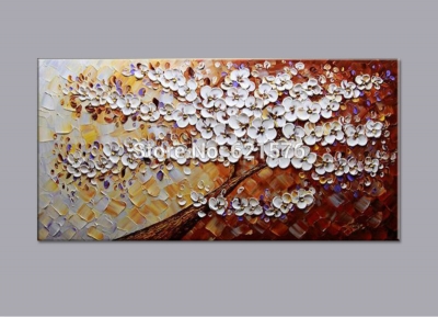 hand-painted modern home decor abstract white flower on brown wall art picture thick palette knife oil painting on canvas art