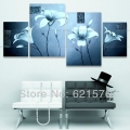 hand-painted modern wall art picture home decor abstract light blue lily flower group oil painting on canvas 4pcs/set framed