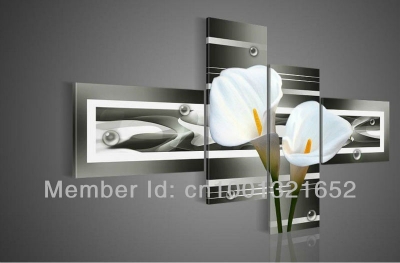 whole hand-painted hi-q art home decorative flower oil painting on canvas white and green common callalily 4pcs/set framed