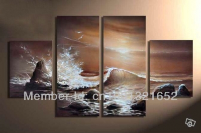 whole hand-painted hi-q modern wall art seascape oil painting on canvas the wave lashed against the rocks 4pcs/set framed