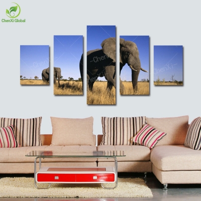 5 panel modern printed affrican elephant oil painting canvas wall art picture decoracion for living room unframed wedding