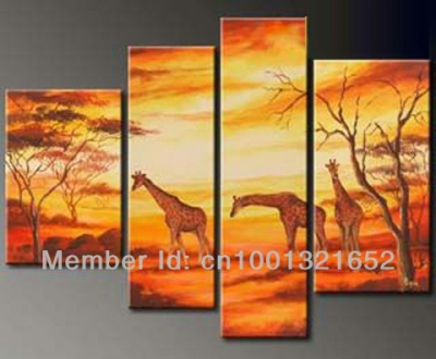 hand-painted hi-q modern home decorative landscape animal oil painting on canvas giraffe 4pcs/set framed