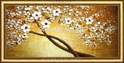 hand-painted home decor abstract golden brown white flower cherry tree wall art picture thick palette oil painting on canvas art