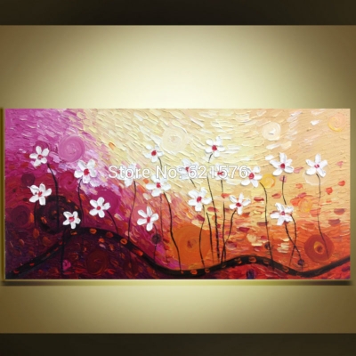 hand painted modern white flowers on purple wall art picture living room home decor thick palette knife oil painting on canvas