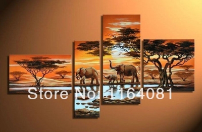 hand-painted wall art grassland elephants decoration modern abstract landscape oil paintings on canvas 4pcs/set