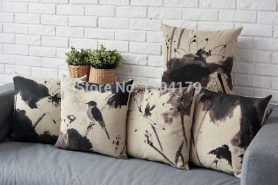 45cm*45cm burlap cushion cover modern new chinese style pillow case ink painting floral art pillows for sofa