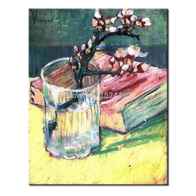 blossoming almond branch in a glass with a book of vincent van gogh handpainted high.q reproduction oil painting on canvas