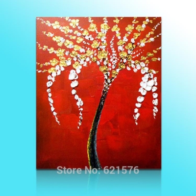 hand-painted big size wall art picture wedding bedroom decor golden white flower tree thick palette knife oil painting on canvas