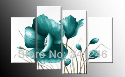 hand-painted hi-q modern wall art home decorative abstract flower group oil painting on canvas cyan corn poppy 4pcs/set framed