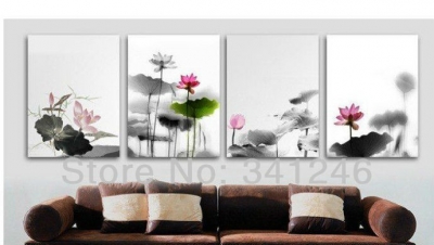 hand-painted hi-q modern wall art home decorative flower group oil painting on canvas water lilies lotus pond- 4pcs/set framed