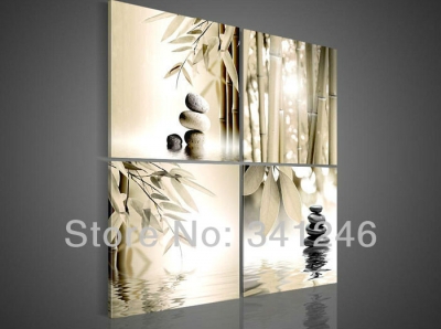 hand-painted hi-q wall art home decor flower oil painting on canvas light brown bamboo cobblestone on the water 4pcs/set framed